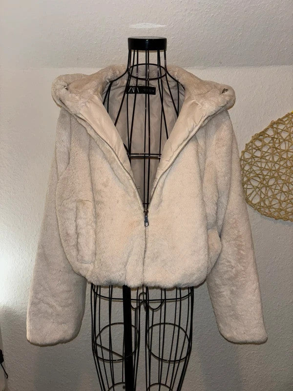 ZARA Damen Teddyfell Jacke Beige Größe M Kapuzenjacke Kuschelig Top 2