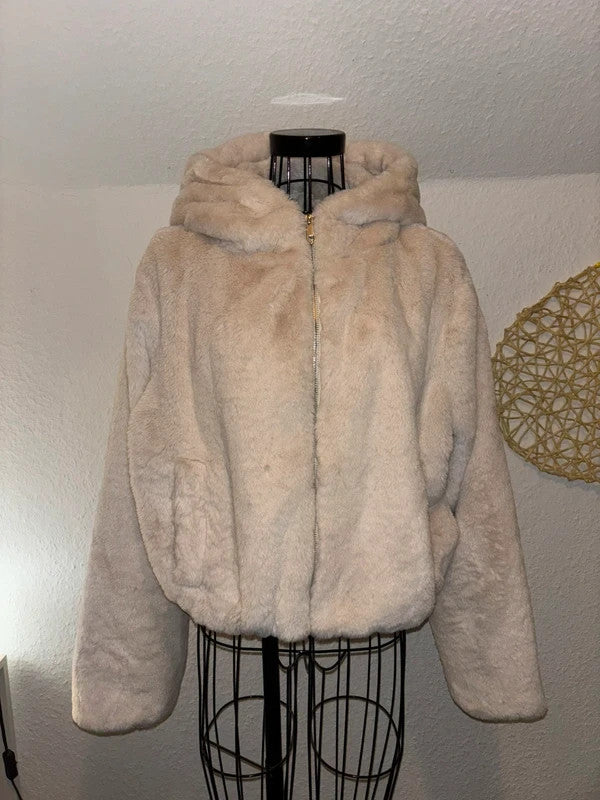 ZARA Damen Teddyfell Jacke Beige Größe M Kapuzenjacke Kuschelig Top 1