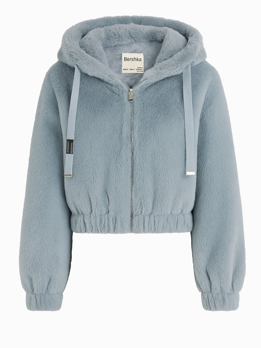 Bershka Fleece Hoodie S 36 Blau Grau Kurz Flauschige Jacke Sehr Gut0