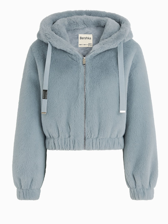 Bershka Fleece Hoodie S 36 Blau Grau Kurz Flauschige Jacke Sehr Gut0