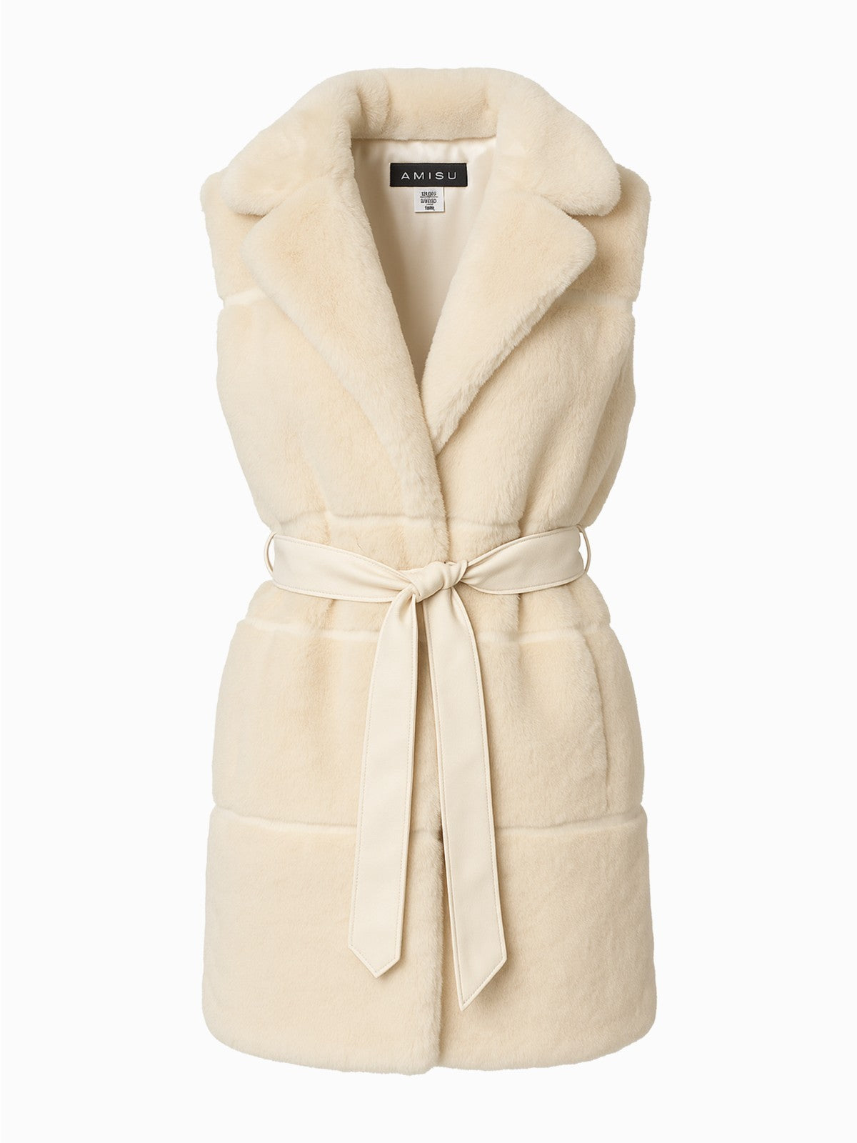 Amisu Kunstfell Weste S 36 Creme Damen Faux Fur Kapuze Gürtel Elegant0