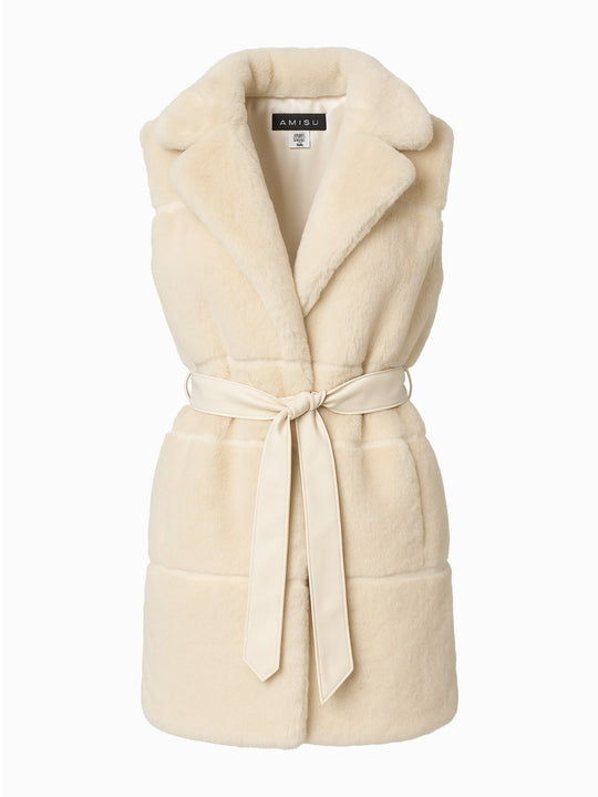 Amisu Kunstfell Weste S 36 Creme Damen Faux Fur Kapuze Gürtel Elegant0