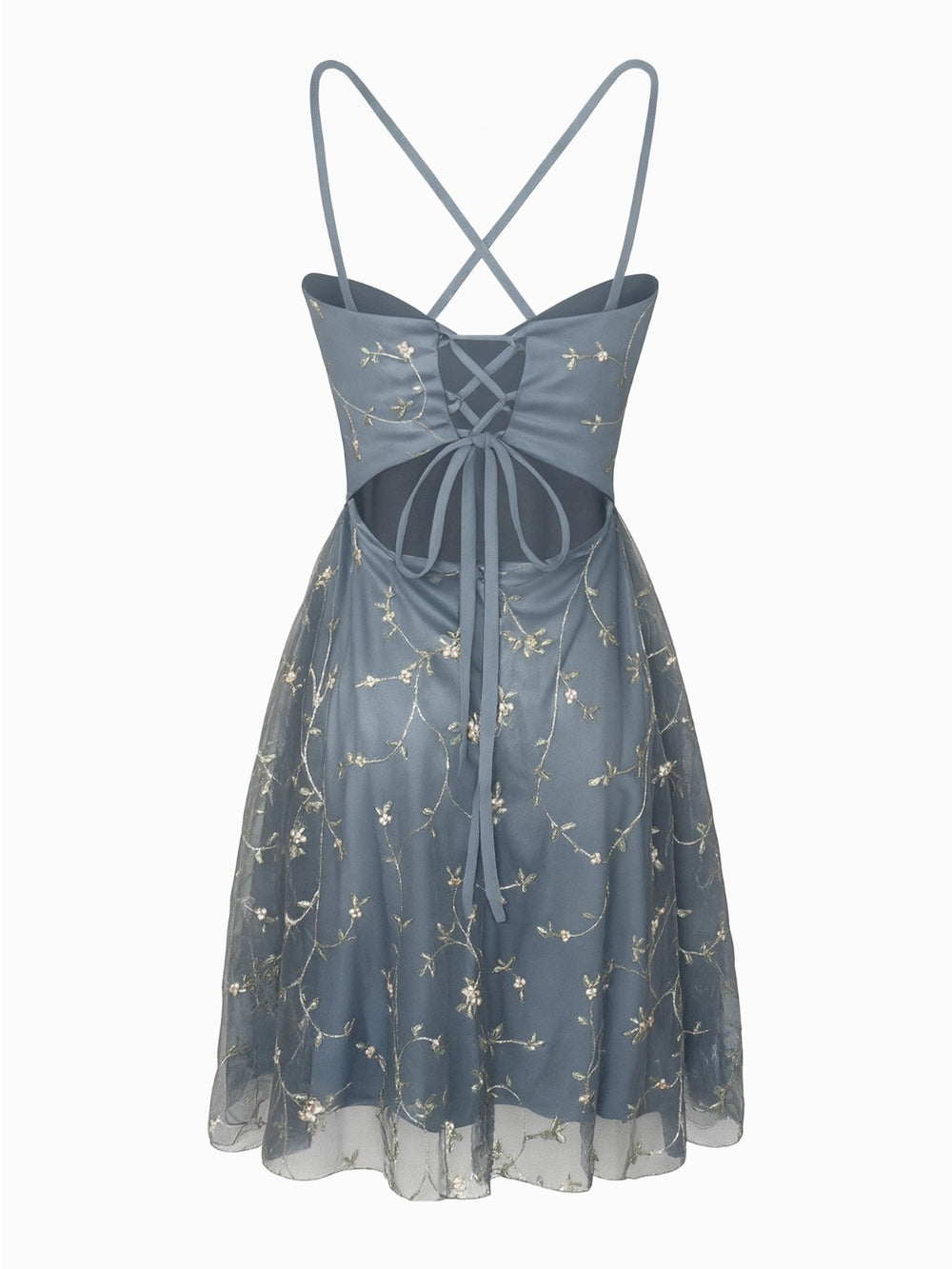 Shein Abendkleid Blau S Stickereien Rücken Schnürung Cocktailkleid1