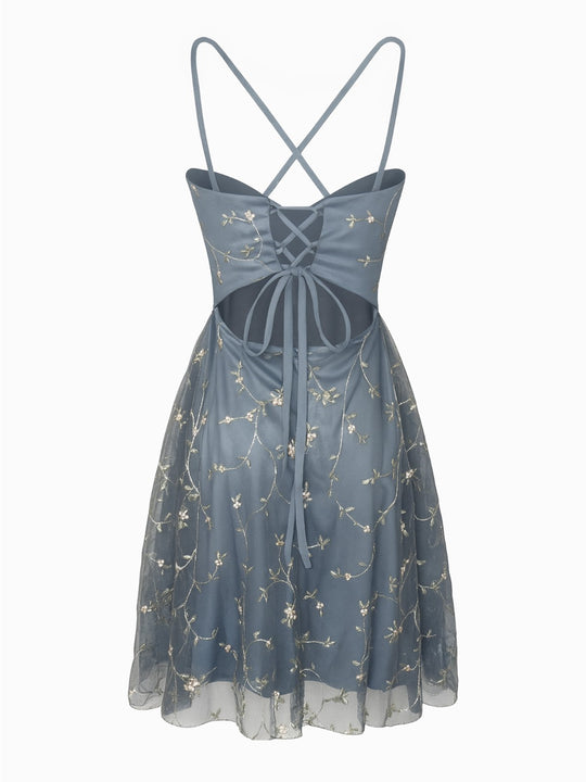 Shein Abendkleid Blau S Stickereien Rücken Schnürung Cocktailkleid1