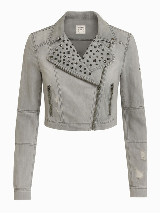 Esprit Jeansjacke Grau S 36 Kurz Cropped Biker Stil Nieten Used Look0