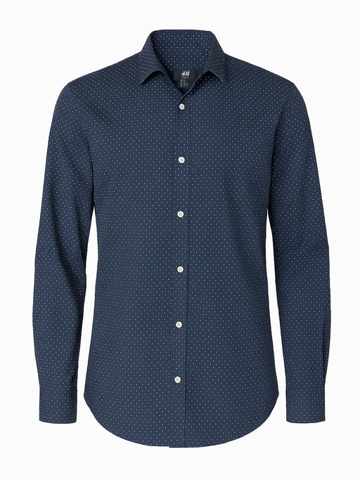 H&M Herrenhemd Slim Fit Marineblau Größe M Easy Iron Punktmuster