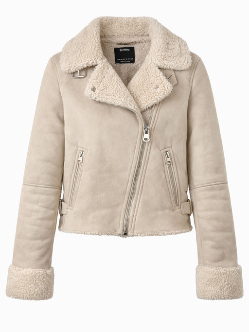 Bershka Teddyjacke Damen Gr. M Beige Creme Bikerjacke Kunstfell