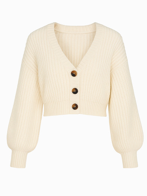 Cropped Strick Cardigan Creme XS Ballonärmel Knopfleiste Damen Pullover