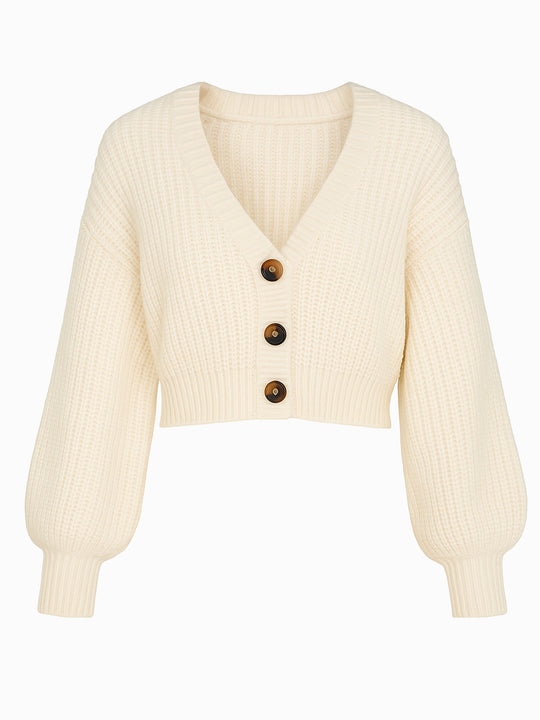 Cropped Strick Cardigan Creme XS Ballonärmel Knopfleiste Damen Pullover