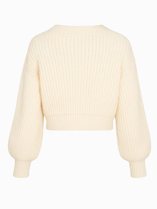 Cropped Strick Cardigan Creme XS Ballonärmel Knopfleiste Damen Pullover