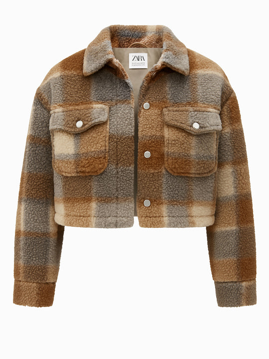 ZARA Teddy Jacke S Kariert Beige Braun Kurz