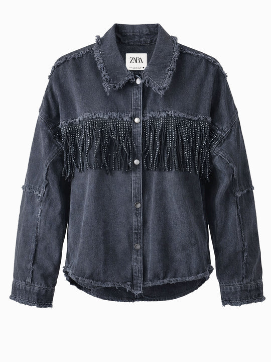 Zara Jeansjacke Grau Schwarz M 38 Damen Oversize Denim Jacke mit Fransen