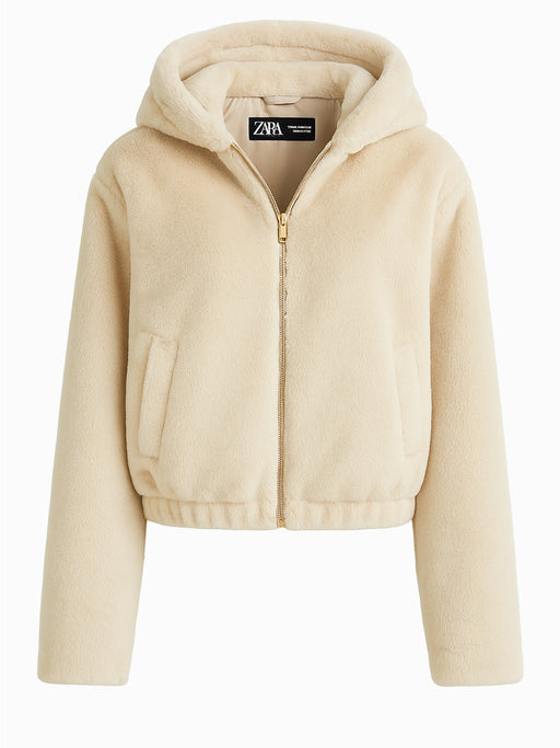ZARA Damen Teddyfell Jacke Beige Größe M Kapuzenjacke Kuschelig Top