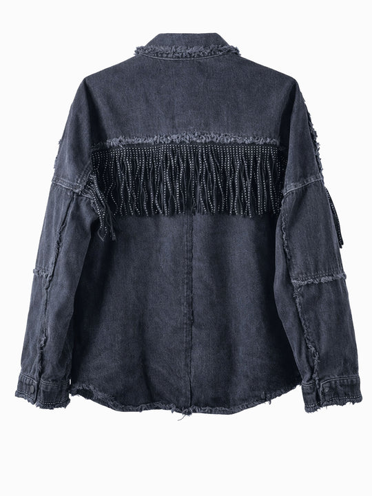 Zara Jeansjacke Grau Schwarz M 38 Damen Oversize Denim Jacke mit Fransen